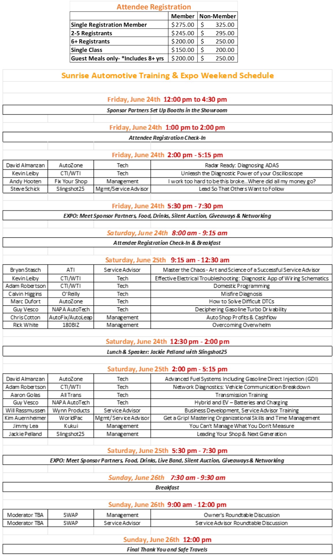 Sunrise training schedule