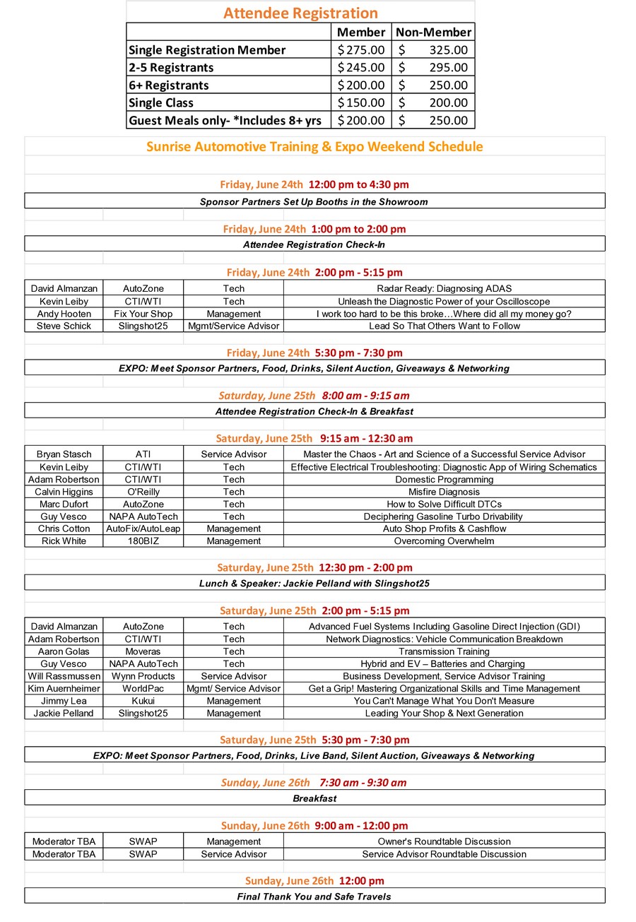 Sunrise training schedule